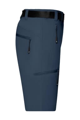 Navy blue ladies trekking shorts with multiple zip pockets and a belt. Features a logo on the waistband.
