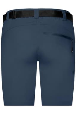 Navy blue ladies trekking shorts featuring a belt and a zippered back pocket. Includes a logo design.
