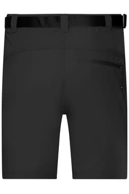 Black men's trekking shorts featuring a belt and zippered pocket on the back.