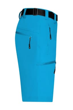 Bright blue men's trekking shorts featuring multiple zip pockets and a black belt. Includes branding on the waistband.