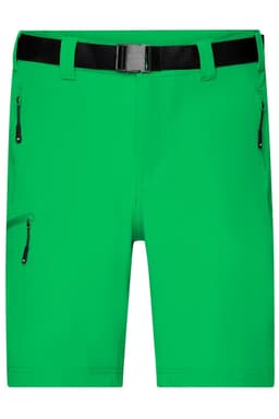 Bright green men's trekking shorts with a black belt and zippered pockets. Features a logo on the waistband.