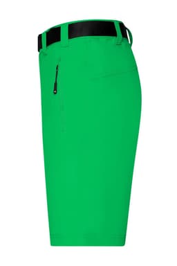 Bright green men's trekking shorts featuring a zippered pocket and a black belt. The shorts are designed for comfort and durability.
