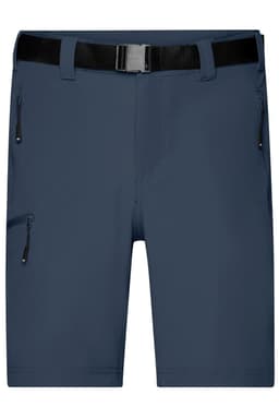 Navy men's trekking shorts with a black belt and zippered pockets. Features a logo on the waistband.