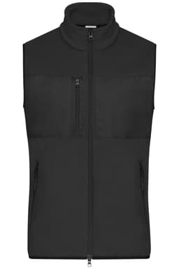 A black men's fleece vest with a high collar, front zip, and two side pockets. It features a chest pocket and a logo.