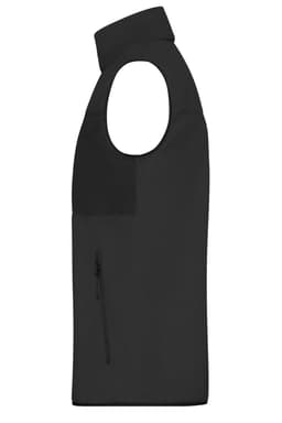 A black men's fleece vest with a zip pocket and high collar, featuring an arm hole design.