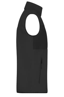 A men's fleece vest in black, featuring an extended collar and a zip pocket on the side. It has a logo on it.
