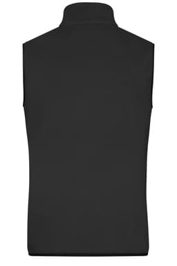 A black men's fleece vest featuring a high collar and no sleeves. It has a logo on the back.