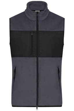 A mens fleece vest in grey with a black panel, featuring a zip front and two side pockets. It has a logo on it.