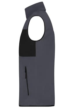 A men's fleece vest in grey with a black panel and a zippered pocket, featuring a logo.