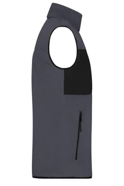 A men's fleece vest in grey with a contrasting black pocket, showcasing a sleeveless design and a high collar.