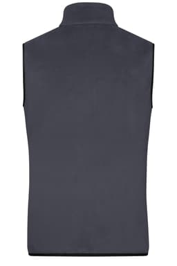 A dark grey men's fleece vest with a high collar and a logo. The garment is sleeveless and has a smooth texture.