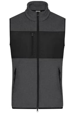 A men's fleece vest in grey with a black panel, featuring a zip front and two side pockets.