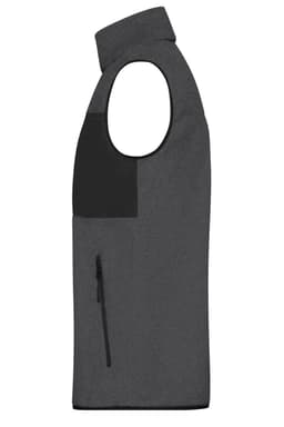 A grey men's fleece vest featuring a black pocket and a high collar, with a logo on the chest area.