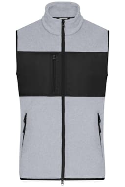 A men's fleece vest in light grey with black accents, featuring a high collar and zipped pockets.
