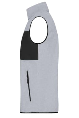 A grey fleece vest with a black panel and a zip pocket on the front, featuring a high collar and no sleeves.