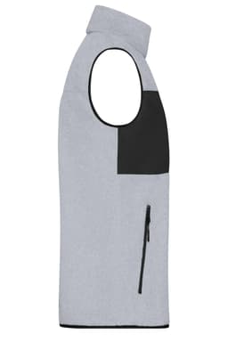 A men's fleece vest in light grey with a black panel and pocket, featuring a zip closure.