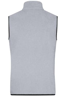 A grey men's fleece vest with a high collar and contrasting black trim, featuring a logo on the back.