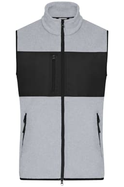 A men's fleece vest in grey with a black panel, featuring a zippered chest pocket and two side pockets.