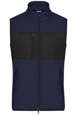 A navy blue fleece vest with black panel detailing and two front zip pockets. It features a zipped high collar and a logo.
