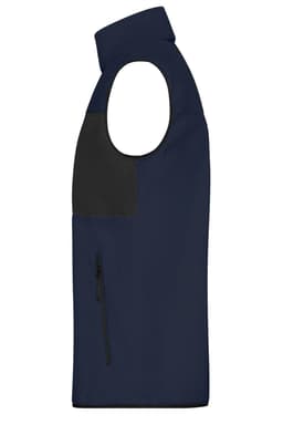 A men's fleece vest in navy blue and black, featuring a zip pocket and a high collar.