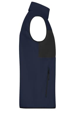 A men's fleece vest in navy blue with black accents and a zippered pocket, featuring a logo.