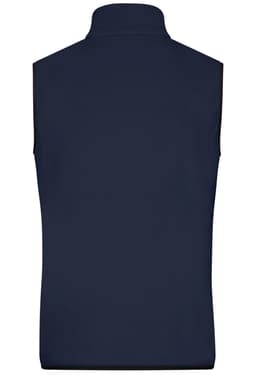 A navy men's fleece vest with a high collar and no sleeves, featuring a logo on the back.