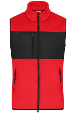 A fleece vest featuring a bold red and black design, with a zippered front and pockets. It has a logo.