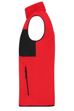 A red fleece vest with a black chest pocket and zippered side pocket, featuring a logo.