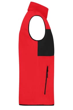 A red fleece vest featuring a black panel and a zippered pocket, with a logo on the chest.