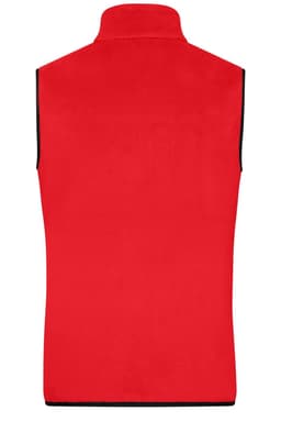 A red fleece vest with a high collar and no sleeves, featuring a black trim and a logo.