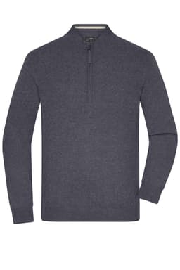 A grey knitted jumper featuring a half-zip front and long sleeves. The jumper has a logo on it.