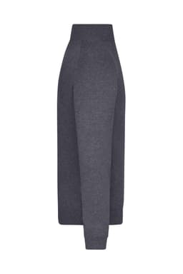A grey knitted half-zip jumper displayed from the side, featuring long sleeves and a fitted design.