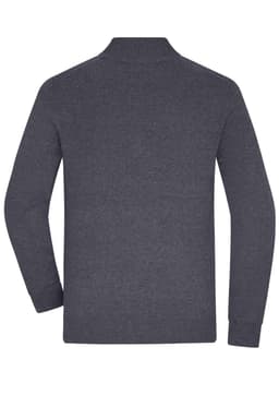 A men's half-zip jumper in dark grey, featuring long sleeves and a simple design, with a branding logo.