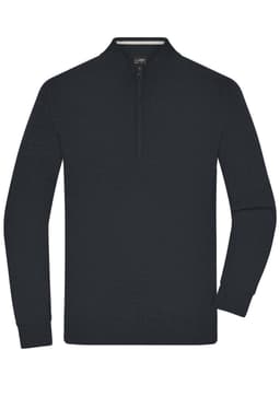 A dark navy knitted jumper with a half-zip collar and long sleeves, featuring a logo on the chest.