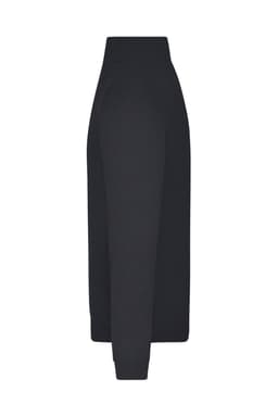 A black knitted jumper with a half-zip design, featuring long sleeves and a fitted silhouette. It has a logo.