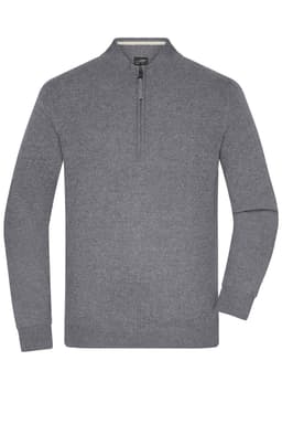 A grey men's half-zip jumper with long sleeves and a collar, featuring a branded logo.