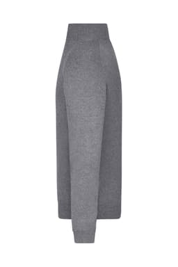 A grey knitted jumper with a half-zip, featuring long sleeves and ribbed cuffs. It has a logo on the chest.