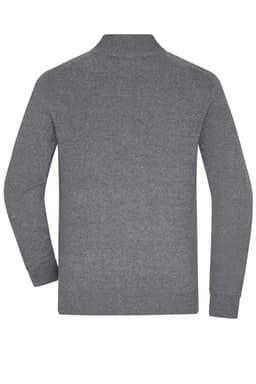 A grey knitted jumper with a half-zip collar and long sleeves, featuring a logo.