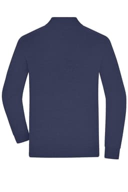 A navy knitted jumper with a half-zip collar and long sleeves, featuring a logo on the back.
