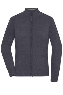 A dark grey zip-up cardigan for women with a fitted design and long sleeves. It features a front zipper and has a logo.
