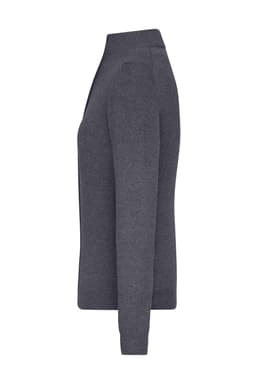 A grey ladies zip-cardigan featuring long sleeves and a sleek design. It includes a logo on the fabric.