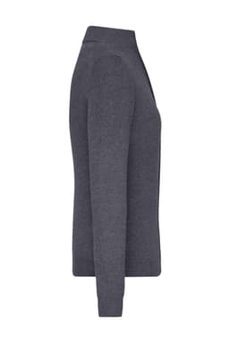 A ladies zip-cardigan in dark grey, featuring a fitted design and a side view showcasing its smooth texture.
