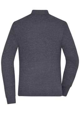 A dark grey ladies zip cardigan viewed from the back, featuring long sleeves and a collar. It has a logo on the back.