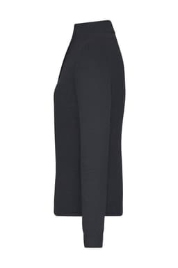 A dark navy ladies zip-cardigan, featuring a high neckline and long sleeves, with a branding logo present.