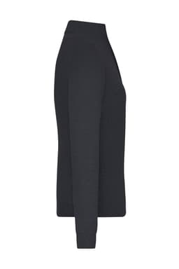 A side view of a dark navy zip-cardigan with long sleeves and a fitted design, featuring a logo.