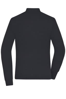 A zip-up cardigan in black, featuring long sleeves and a high collar, with a logo on the back.