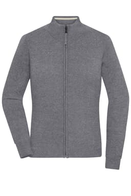 A grey zip-up cardigan with a fitted design and a high collar, featuring a zip closure and long sleeves.