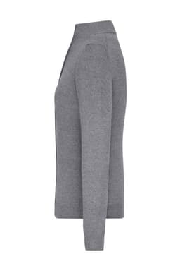 A grey ladies zip cardigan displayed from the side. The garment features long sleeves and a high collar.