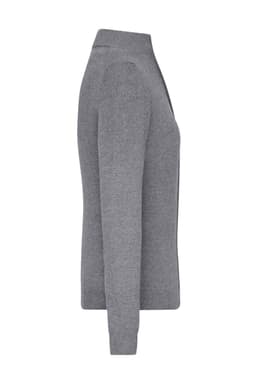 A grey ladies zip-cardigan with a sleek design, featuring a subtle logo on the fabric.