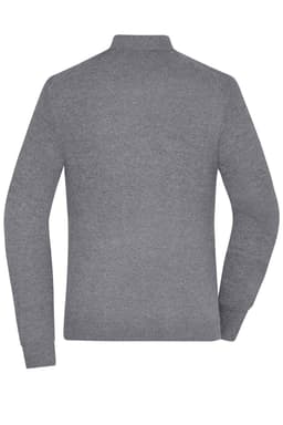 A grey zip-cardigan with long sleeves, featuring a high collar and a simple design. It has a logo on the back.